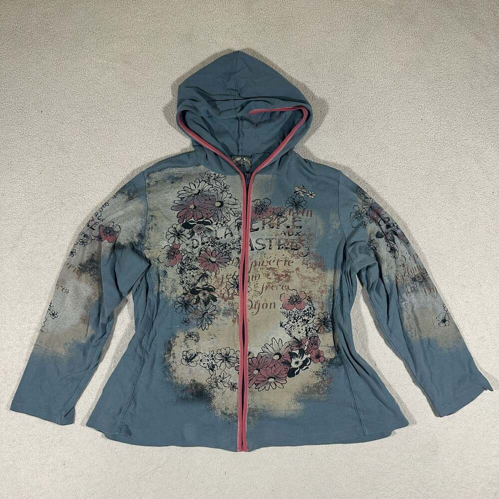Vanilla Sugar Floral Graphic Zip Up Hoodie Blue Pink Y2K Fairy Grunge Size M
